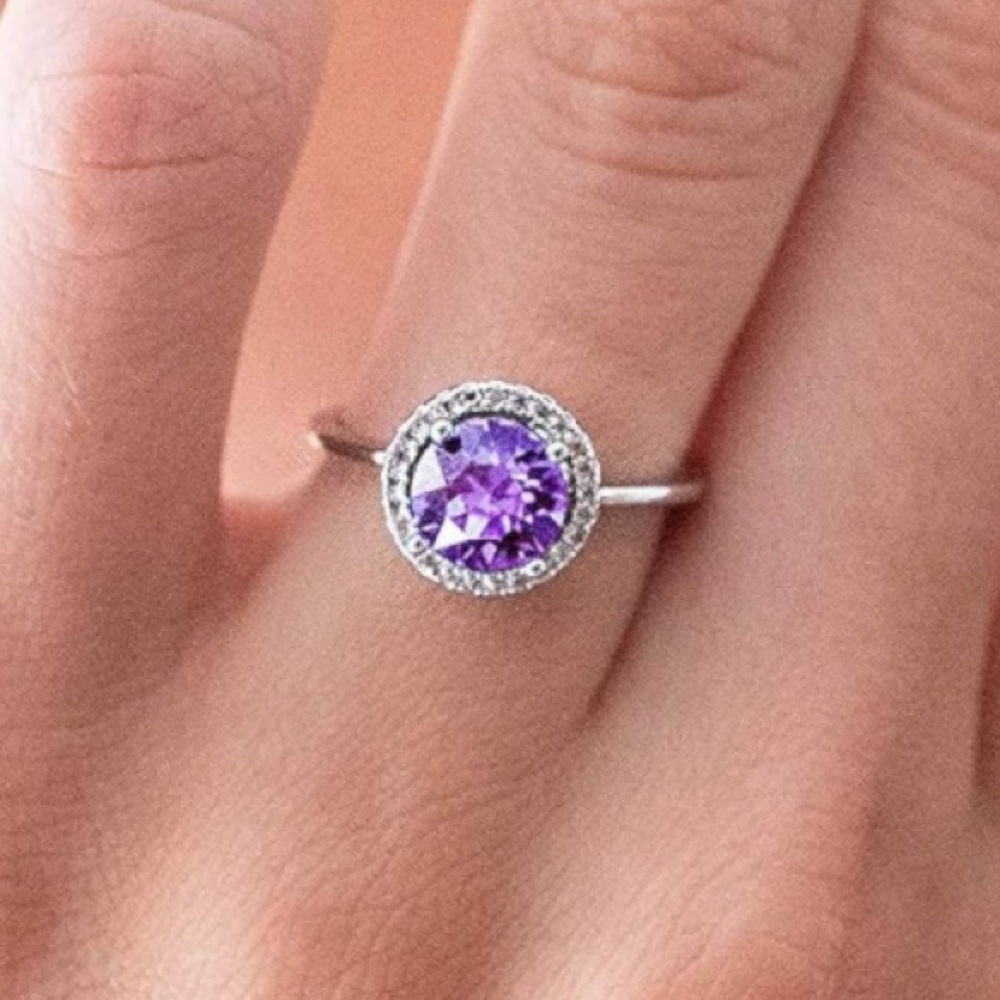 Dainty Amethyst Halo 14k White Gold February Birthstone Ring - Picture 2 of 11